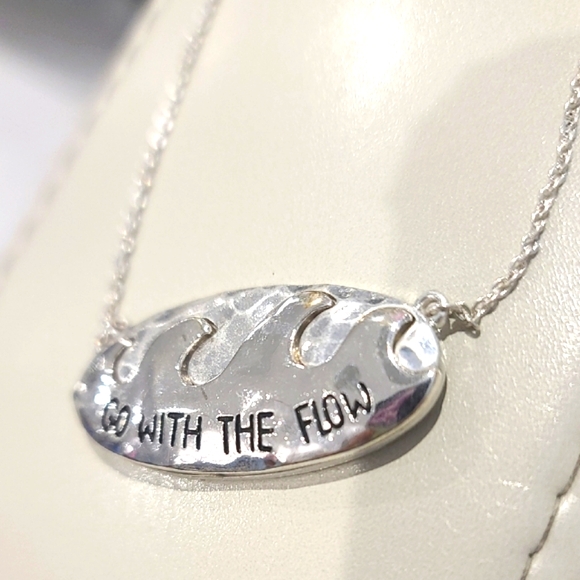 Coastal Jewelry - Silver wave, beachy or surfer pendant w chain. "Go With The Flow" of  waves NWT.